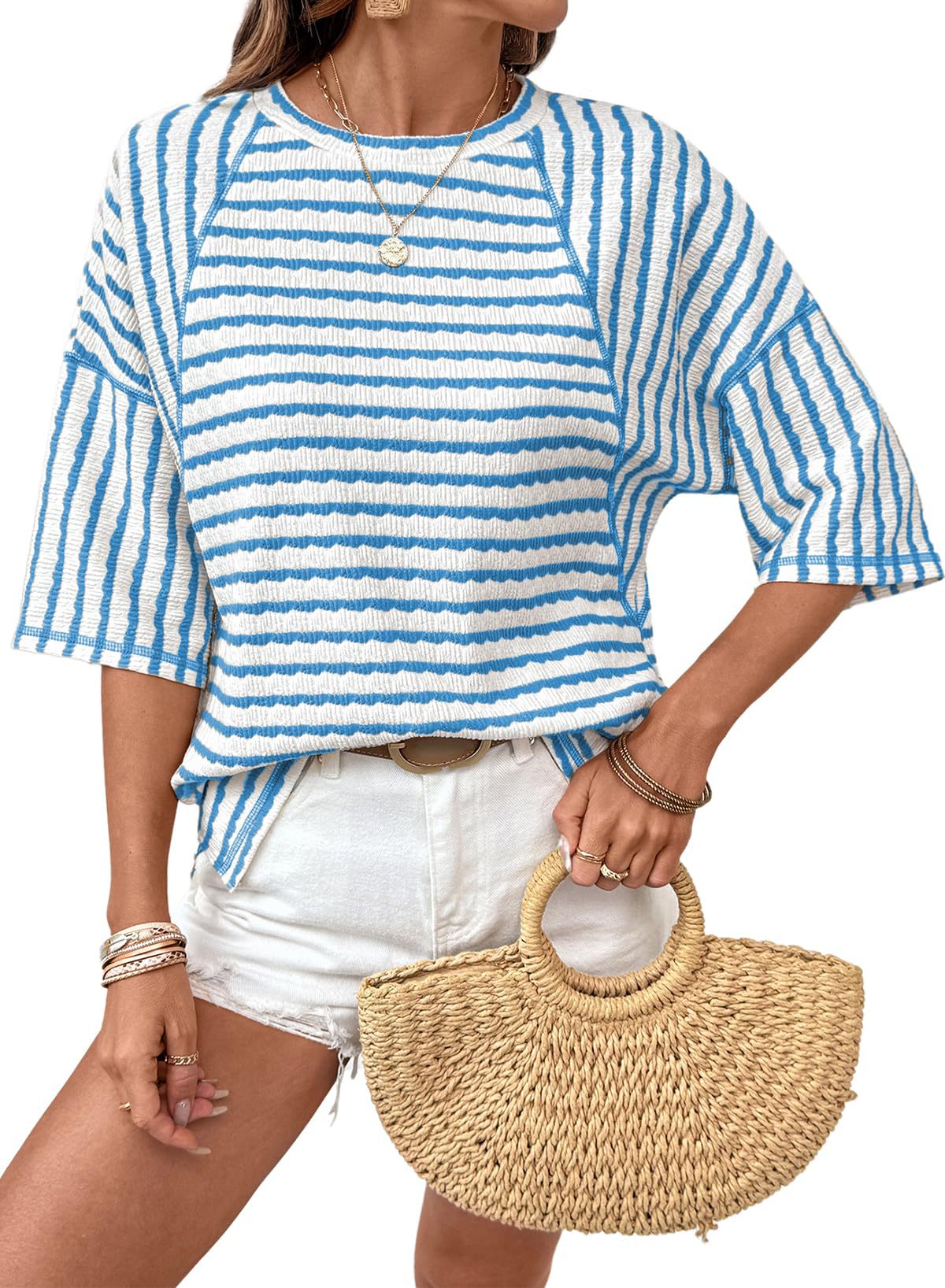 # Women's Striped Short-Sleeve Crew Neck Pullover T-Shirt