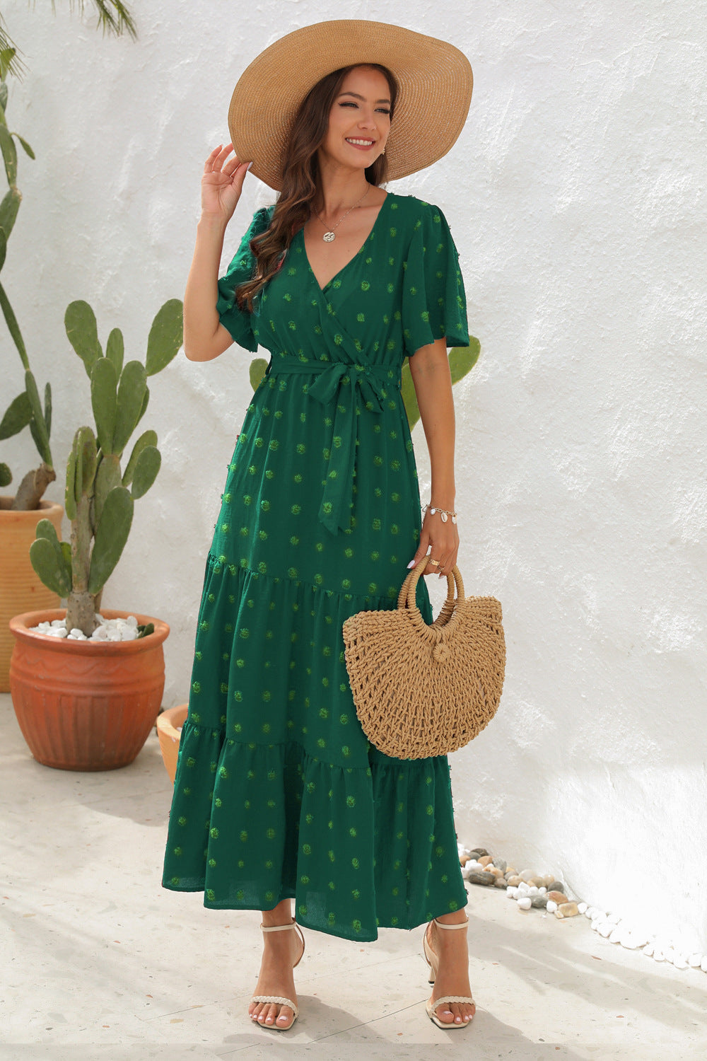 # V-Neck Tie-Waist Long Vacation Dress