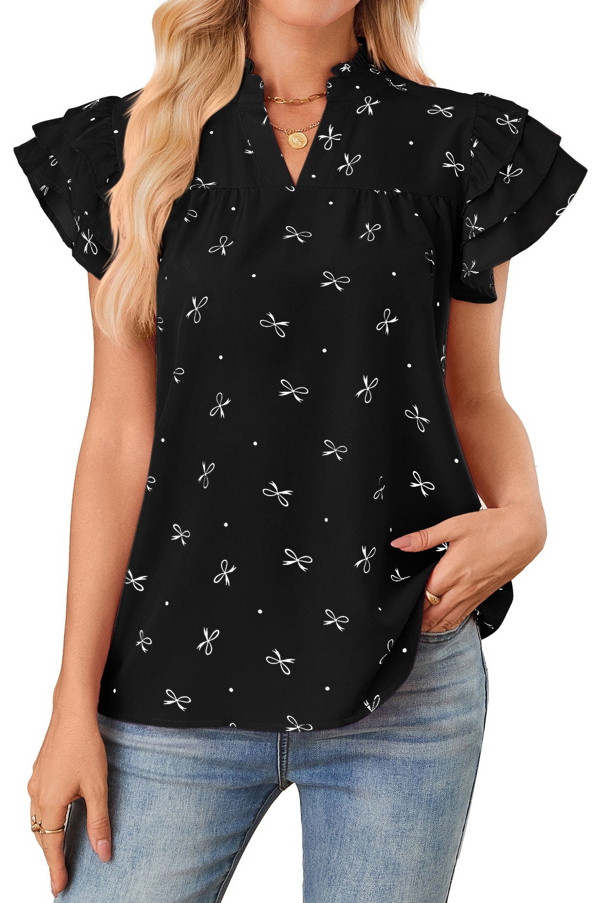 # V-Neck Ruffled Sleeve Women's Top