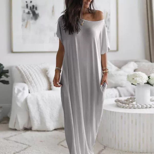 # Solid Color Short-Sleeve Long Casual Dress