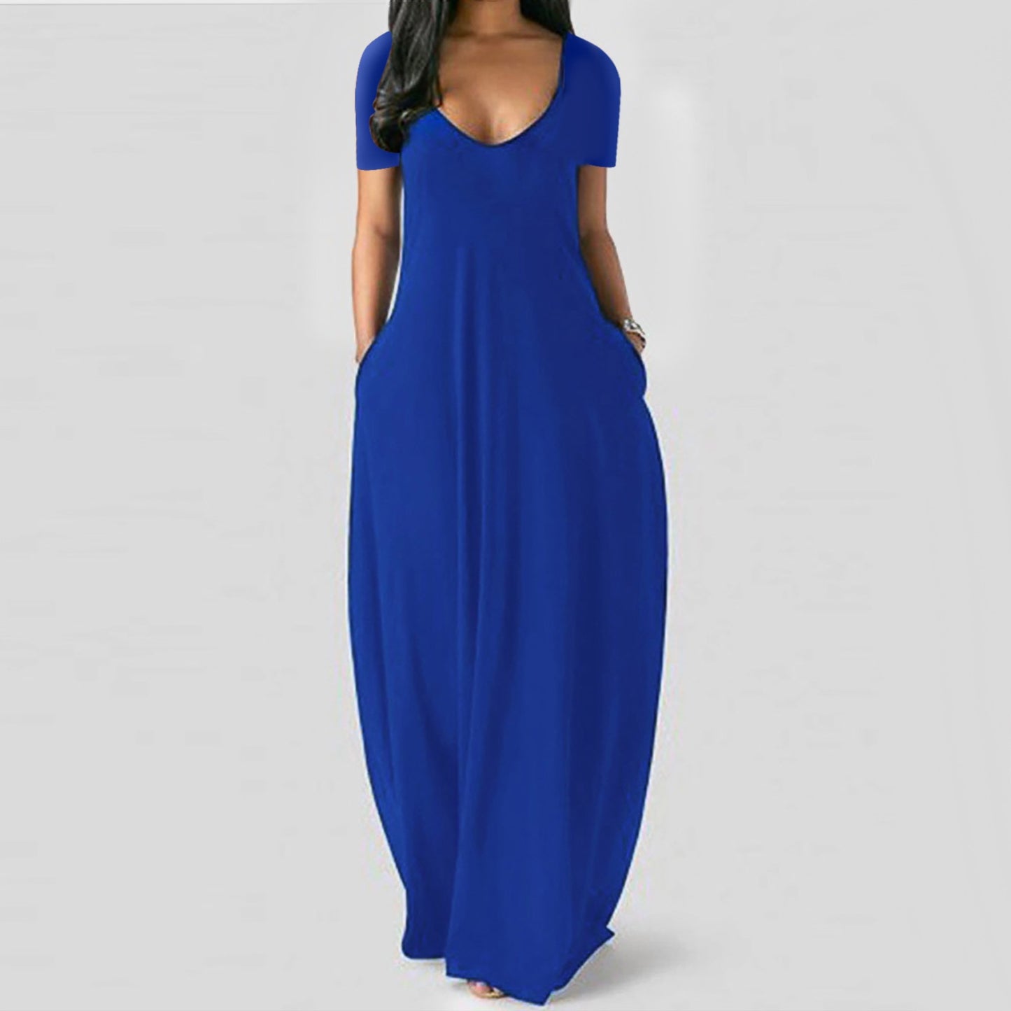 # Solid Color Deep V-Neck Short-Sleeve Plus Size Dress