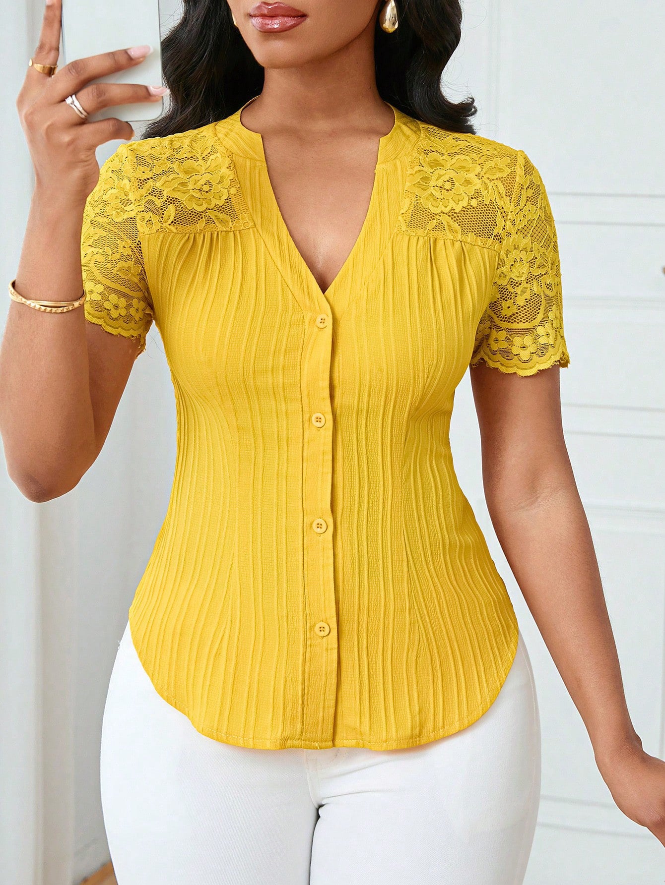 Solid Color Embroidered Hollow-Out Short-Sleeve Top