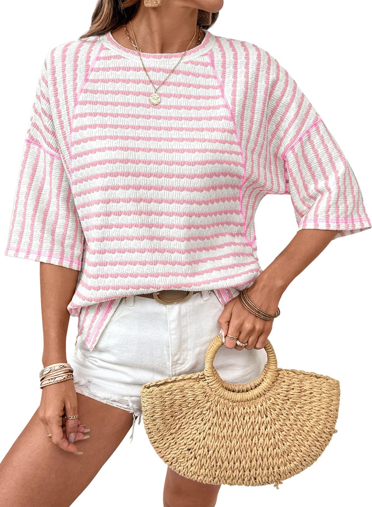 # Women's Striped Short-Sleeve Crew Neck Pullover T-Shirt