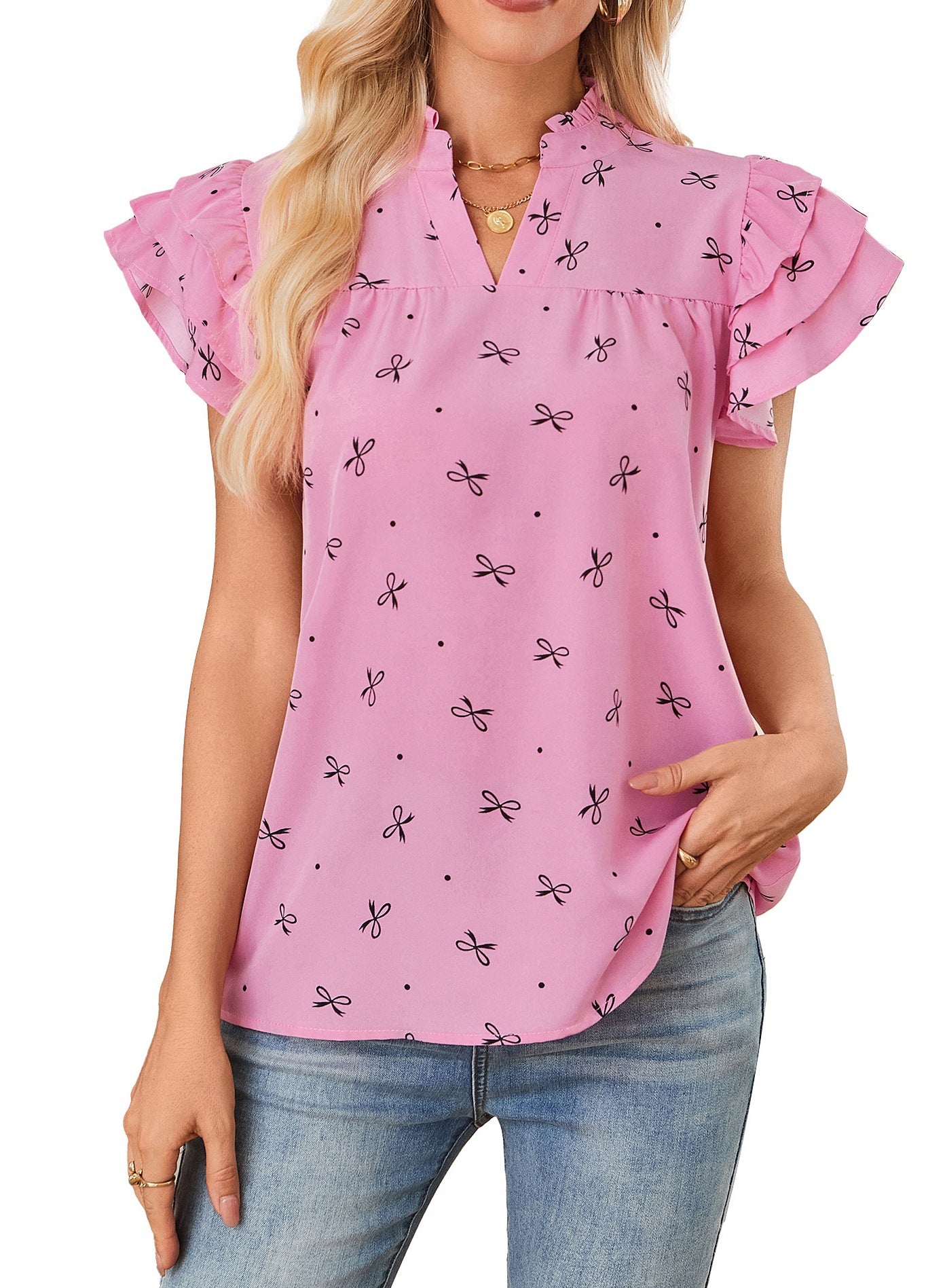 # V-Neck Ruffled Sleeve Women's Top