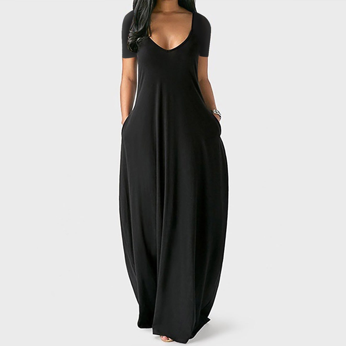 # Solid Color Deep V-Neck Short-Sleeve Plus Size Dress