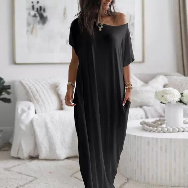 # Solid Color Short-Sleeve Long Casual Dress