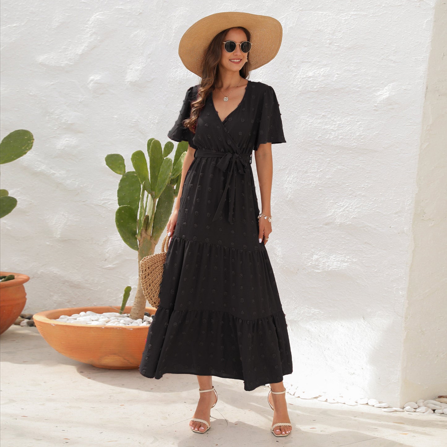 # V-Neck Tie-Waist Long Vacation Dress