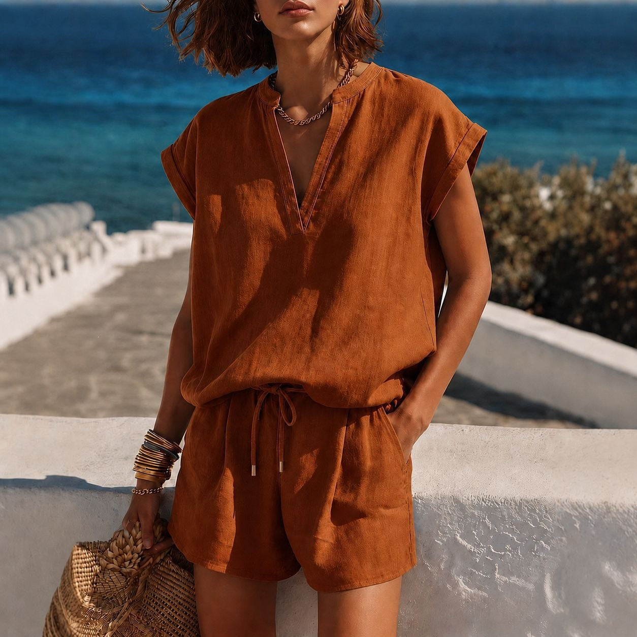 # Solid Color Casual Top and Shorts Set