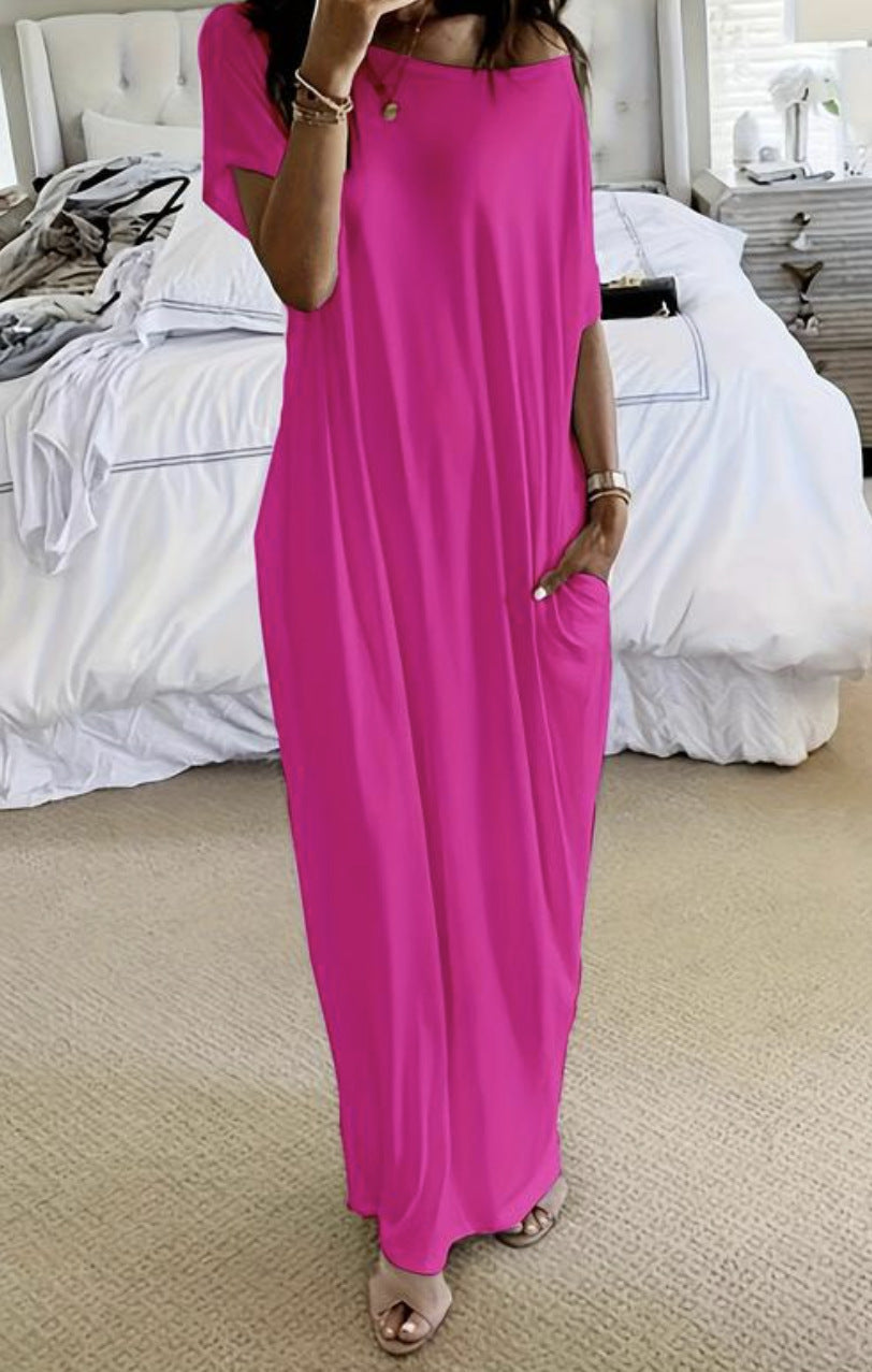 # Solid Color Short-Sleeve Long Casual Dress