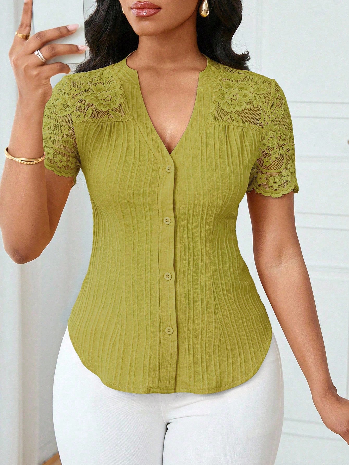 Solid Color Embroidered Hollow-Out Short-Sleeve Top
