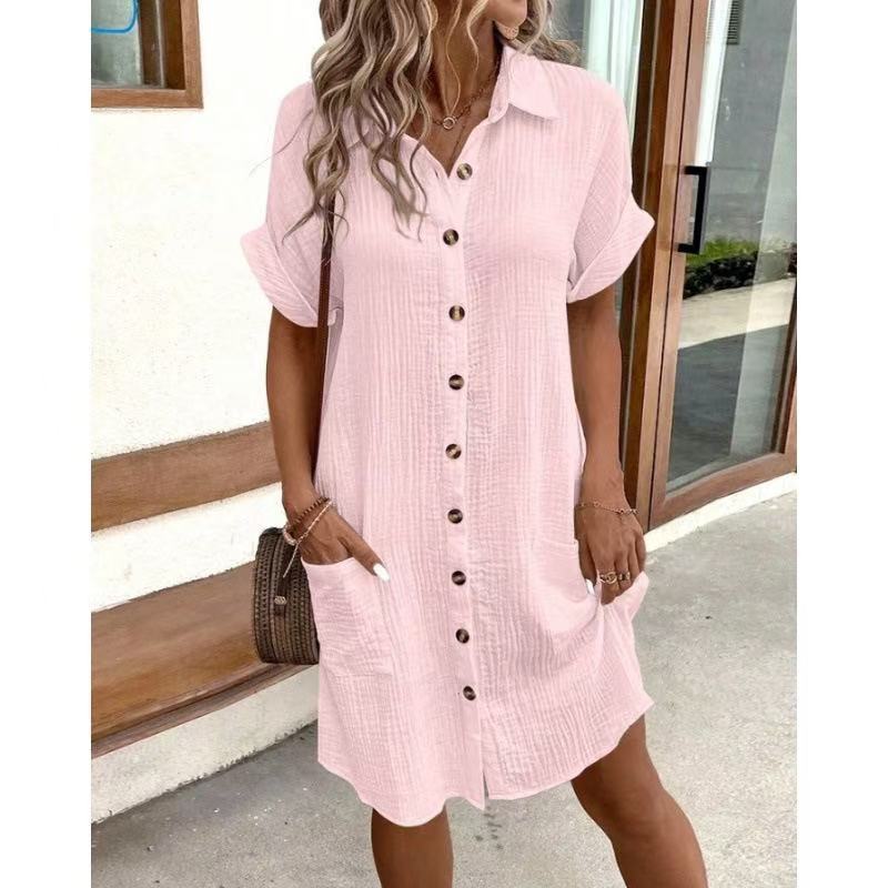 # Solid Color Cotton Linen Button-Up Loose Shirt Dress