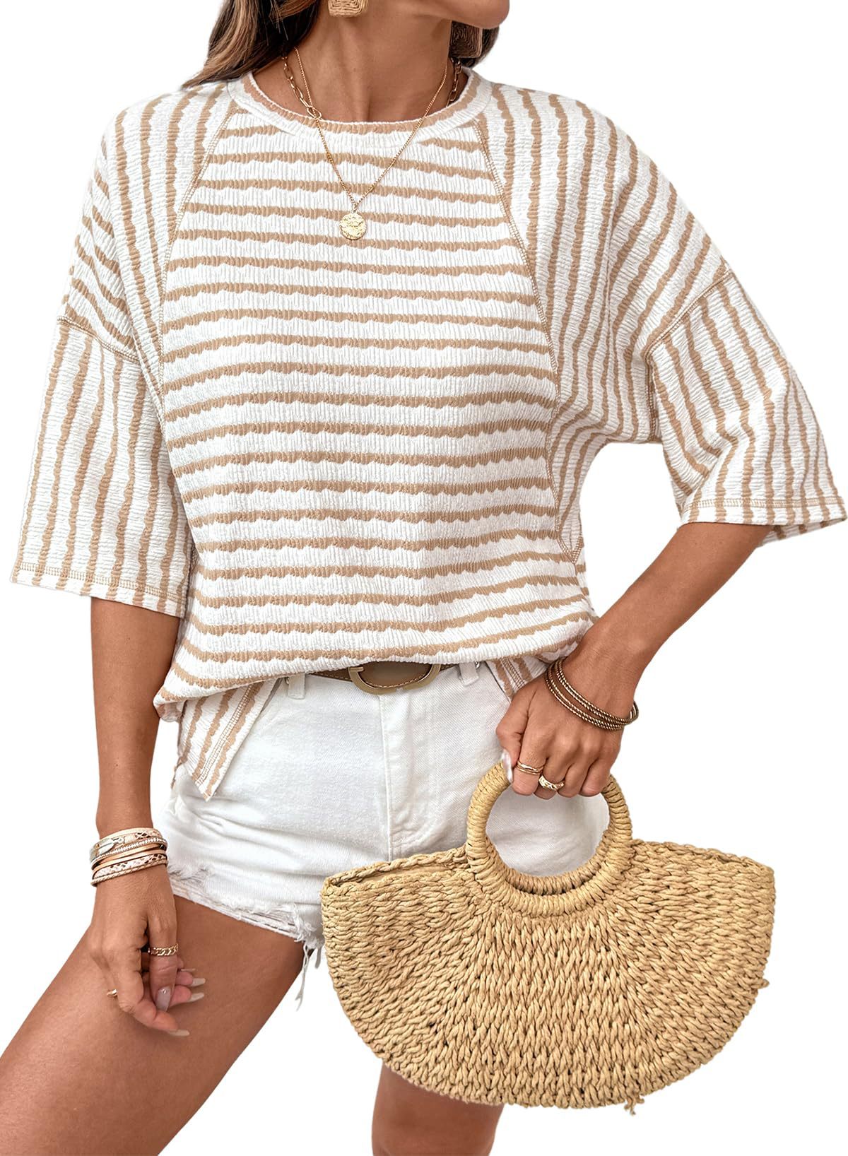 # Women's Striped Short-Sleeve Crew Neck Pullover T-Shirt