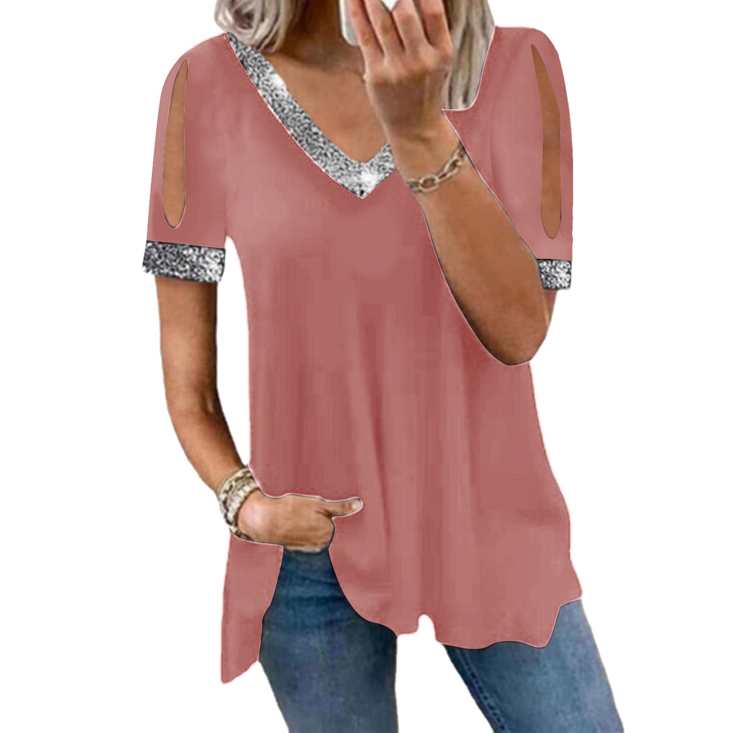 Off-Shoulder Solid Color Sequined Women's T-Shirt