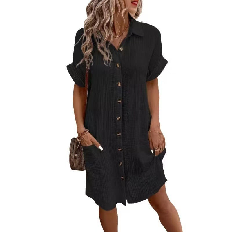 # Solid Color Cotton Linen Button-Up Loose Shirt Dress
