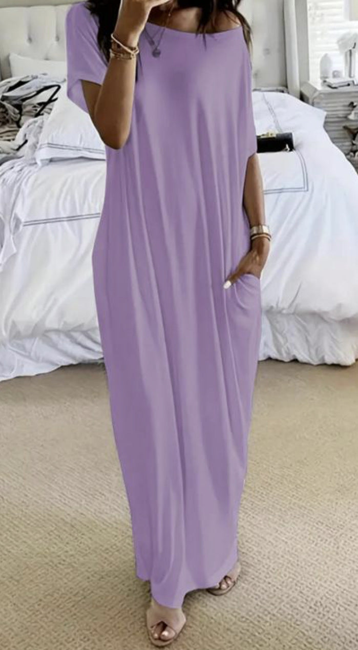 # Solid Color Short-Sleeve Long Casual Dress