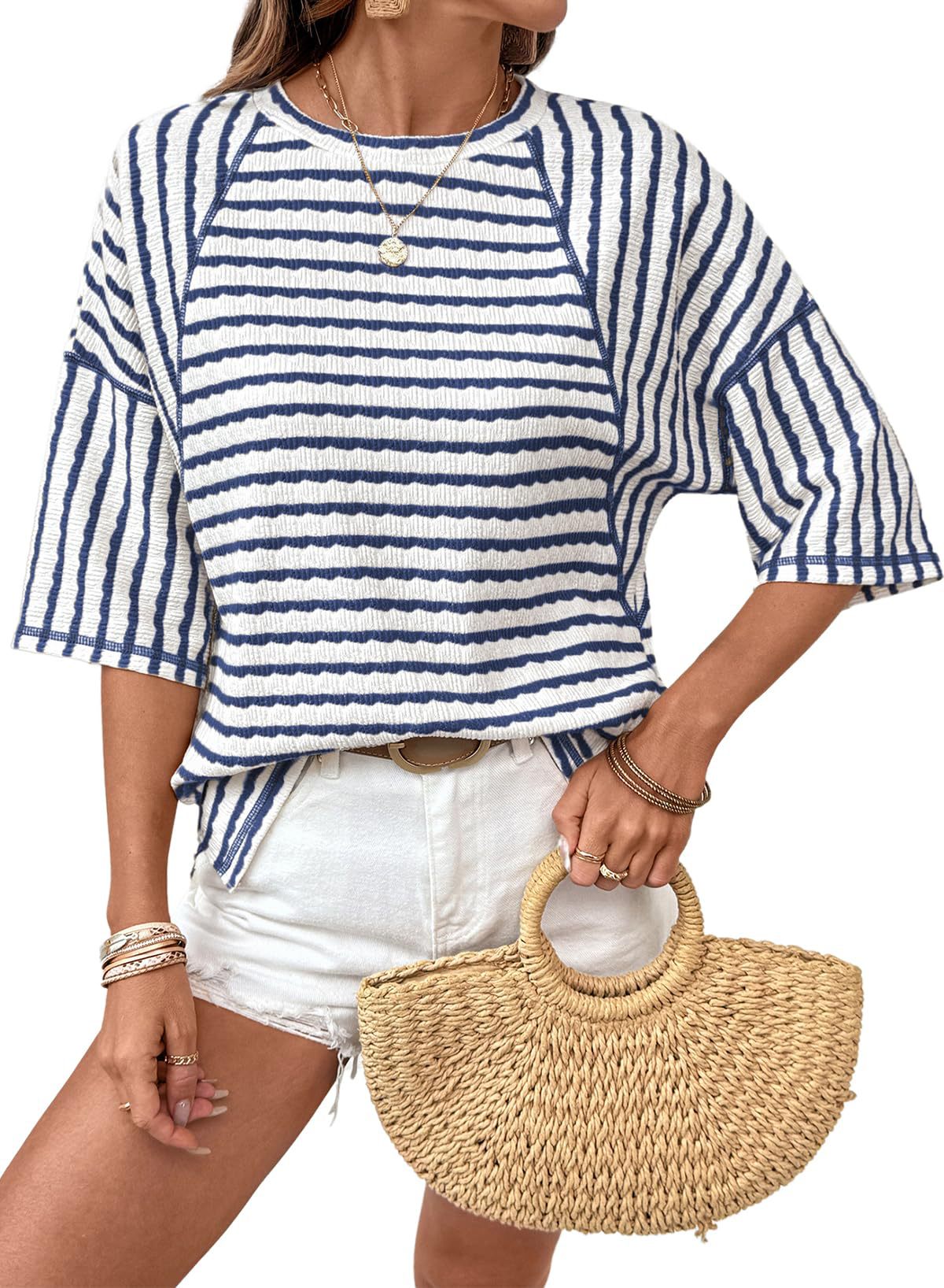 # Women's Striped Short-Sleeve Crew Neck Pullover T-Shirt