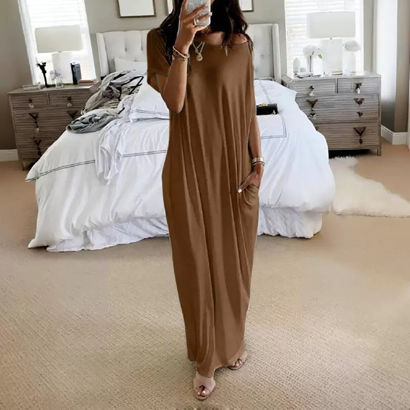 # Solid Color Short-Sleeve Long Casual Dress