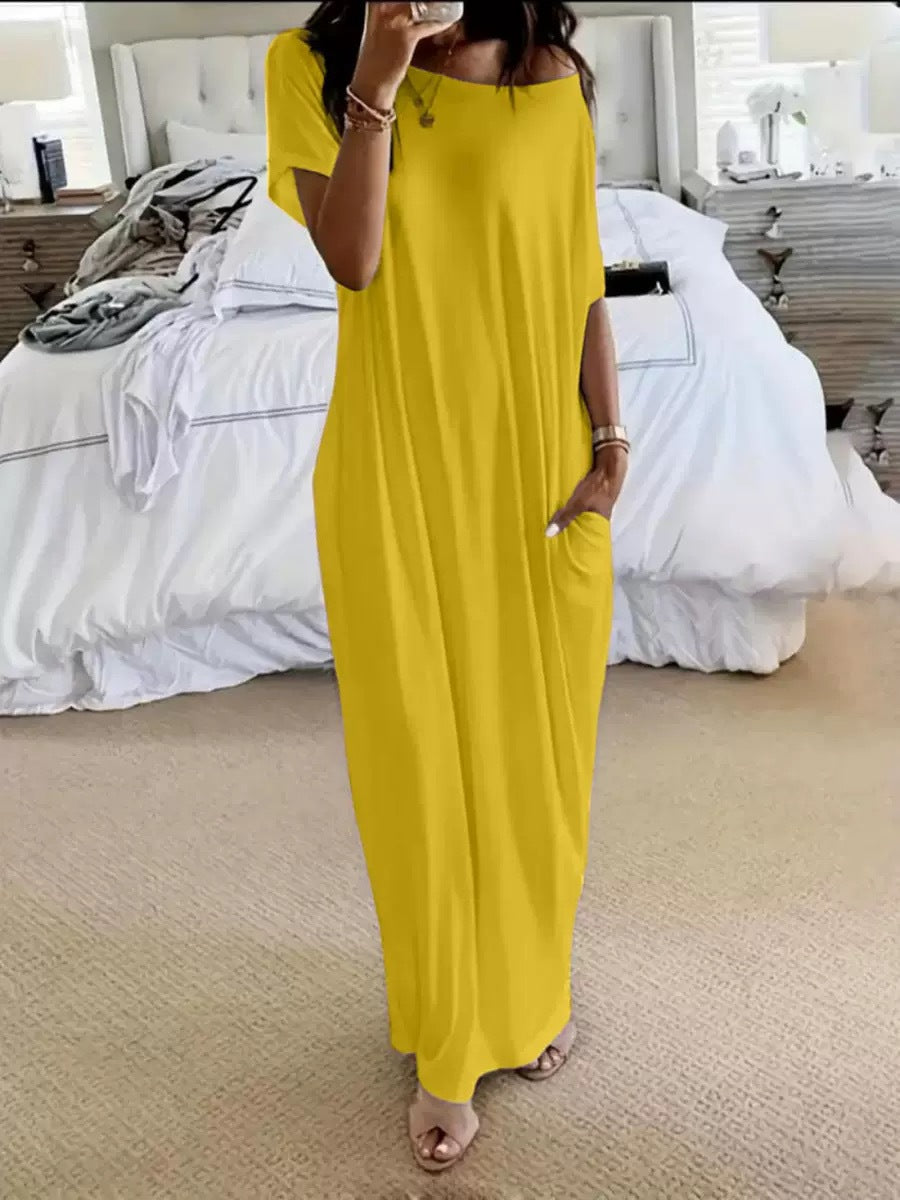 # Solid Color Short-Sleeve Long Casual Dress