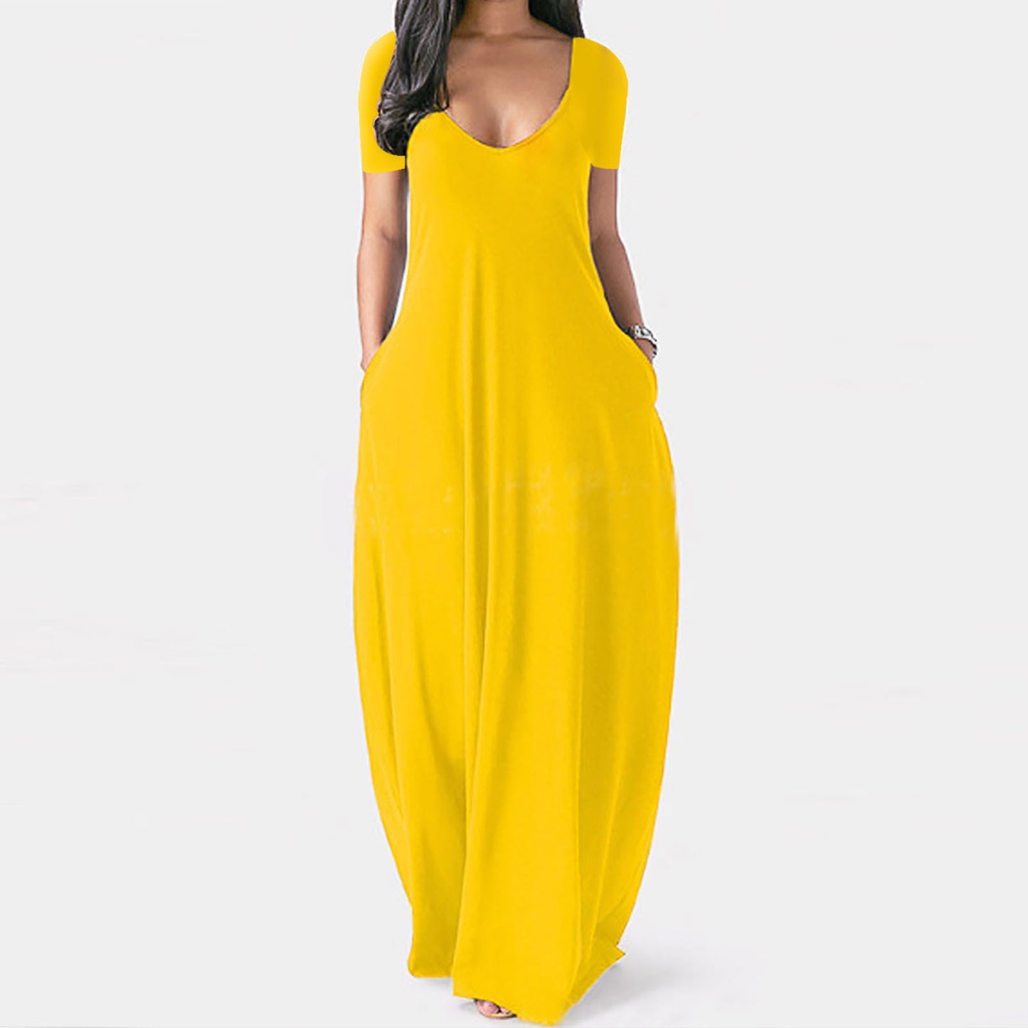 # Solid Color Deep V-Neck Short-Sleeve Plus Size Dress