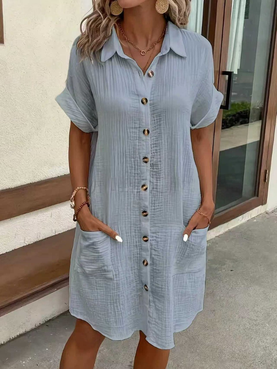 # Solid Color Cotton Linen Button-Up Loose Shirt Dress