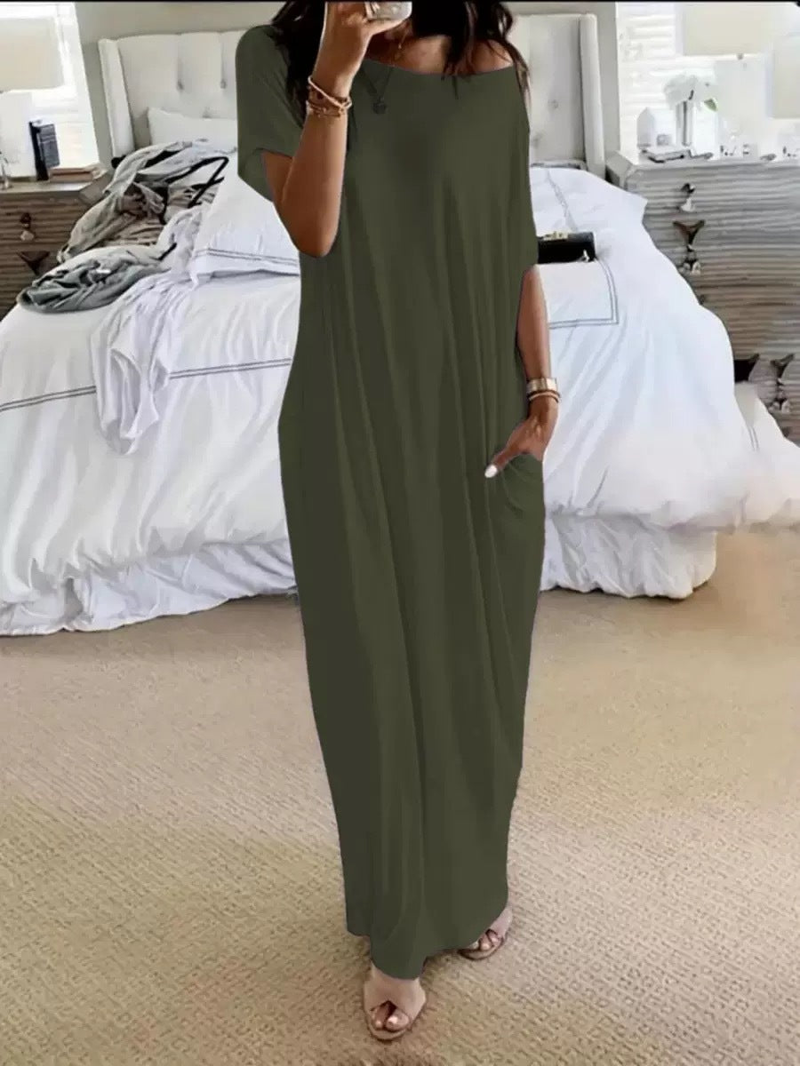 # Solid Color Short-Sleeve Long Casual Dress