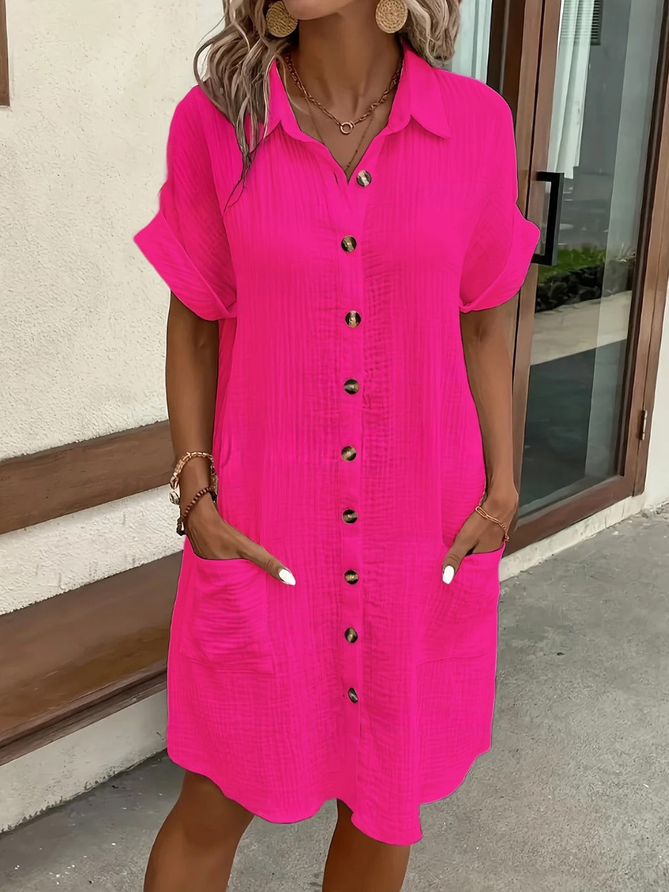 # Solid Color Cotton Linen Button-Up Loose Shirt Dress