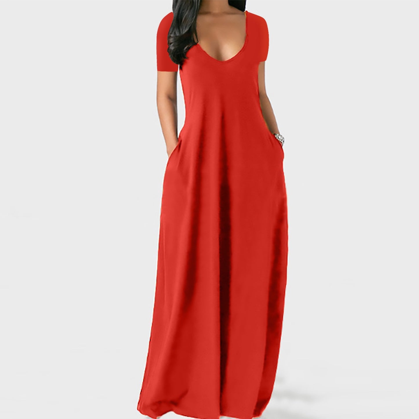# Solid Color Deep V-Neck Short-Sleeve Plus Size Dress