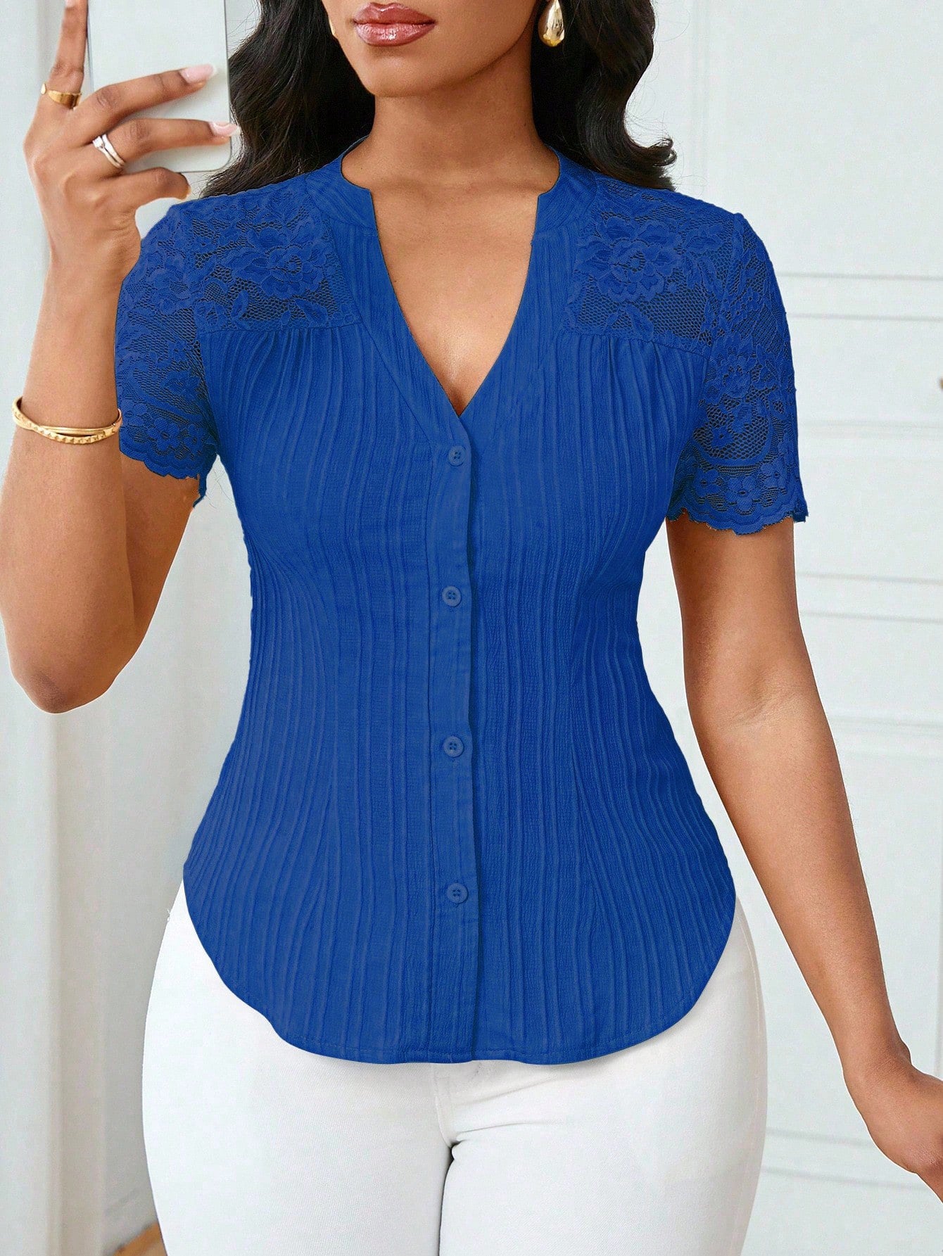 Solid Color Embroidered Hollow-Out Short-Sleeve Top