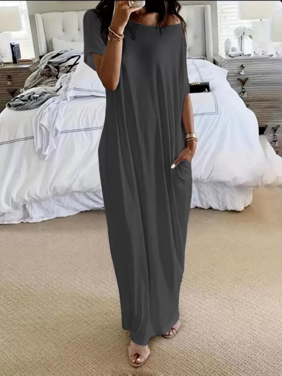 # Solid Color Short-Sleeve Long Casual Dress
