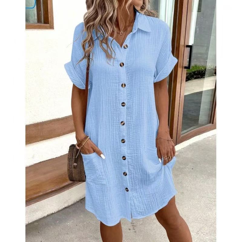 # Solid Color Cotton Linen Button-Up Loose Shirt Dress