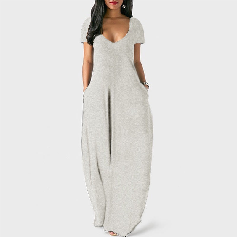 # Solid Color Deep V-Neck Short-Sleeve Plus Size Dress