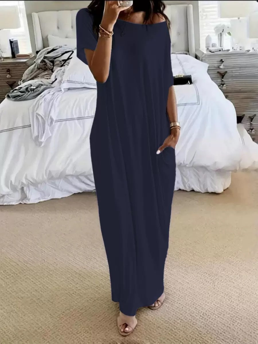 # Solid Color Short-Sleeve Long Casual Dress