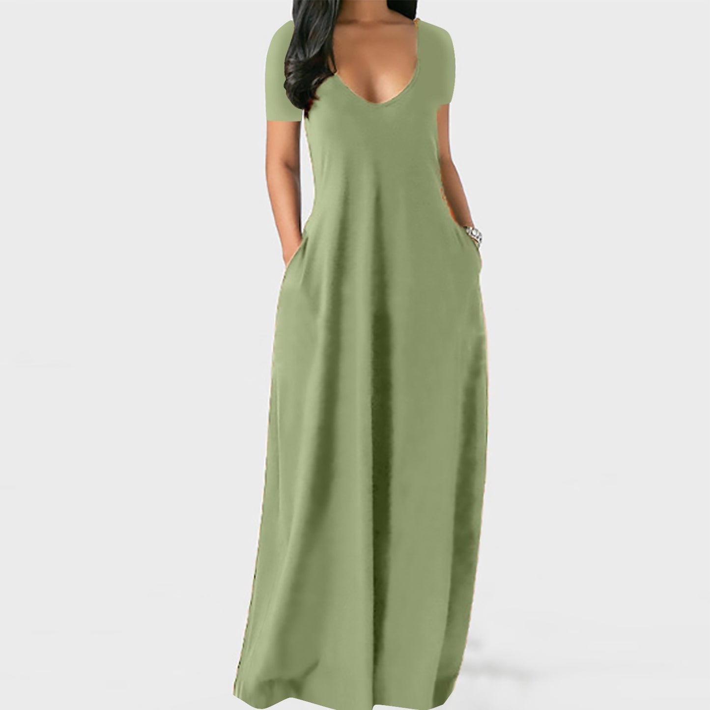 # Solid Color Deep V-Neck Short-Sleeve Plus Size Dress