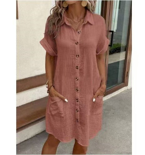 # Solid Color Cotton Linen Button-Up Loose Shirt Dress