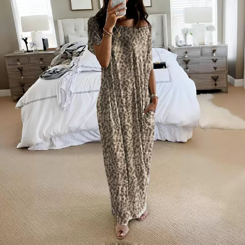 # Solid Color Short-Sleeve Long Casual Dress