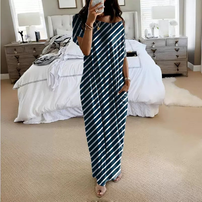 # Solid Color Short-Sleeve Long Casual Dress