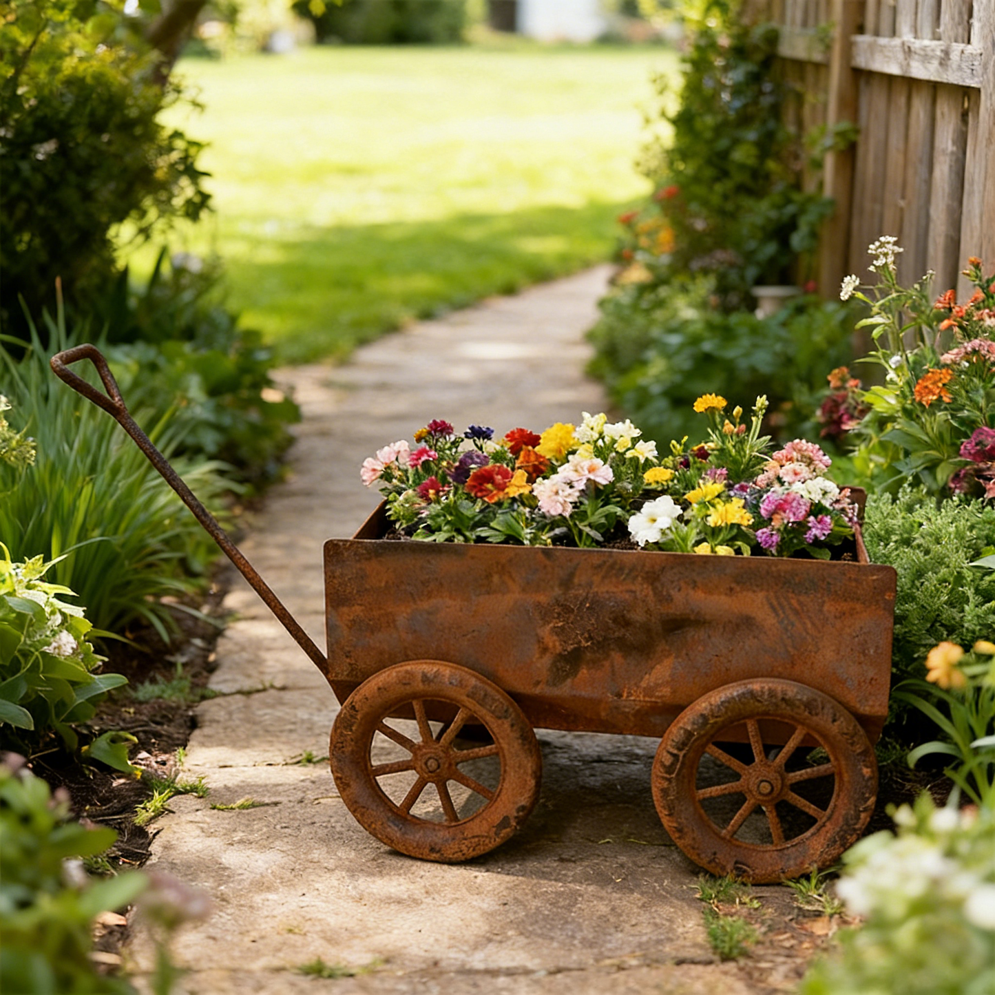 Vintage Distressed Iron Cart Flower Pot