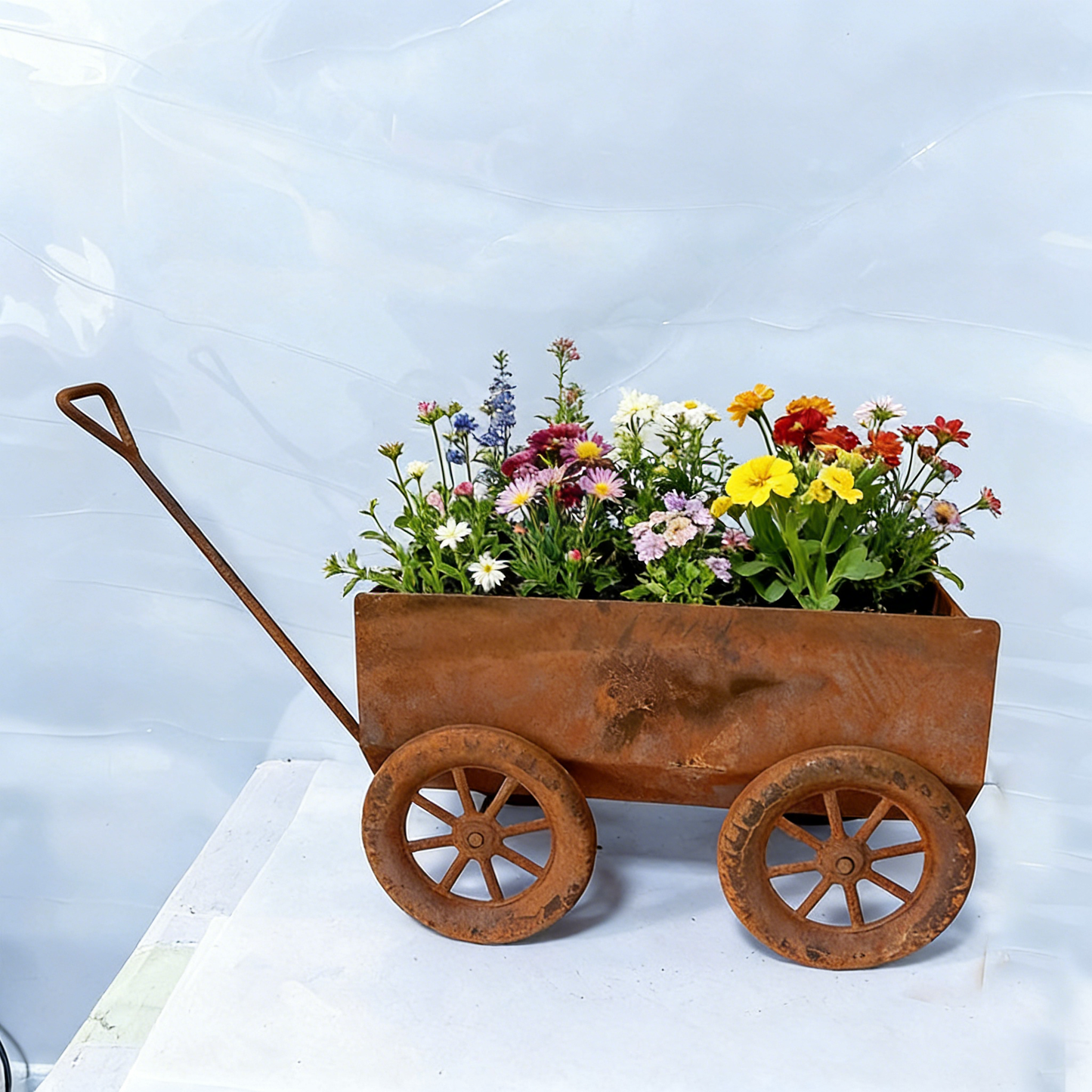 Vintage Distressed Iron Cart Flower Pot