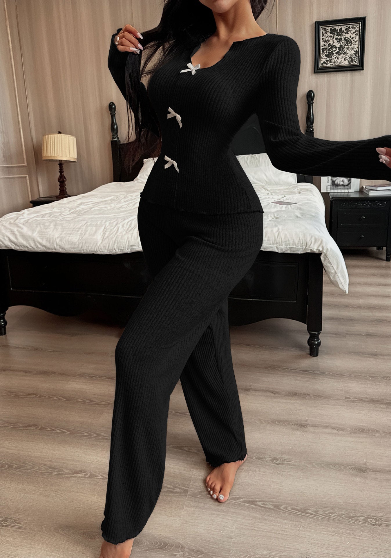 Autumn and winter women's bow knitted cardigan home wear suit