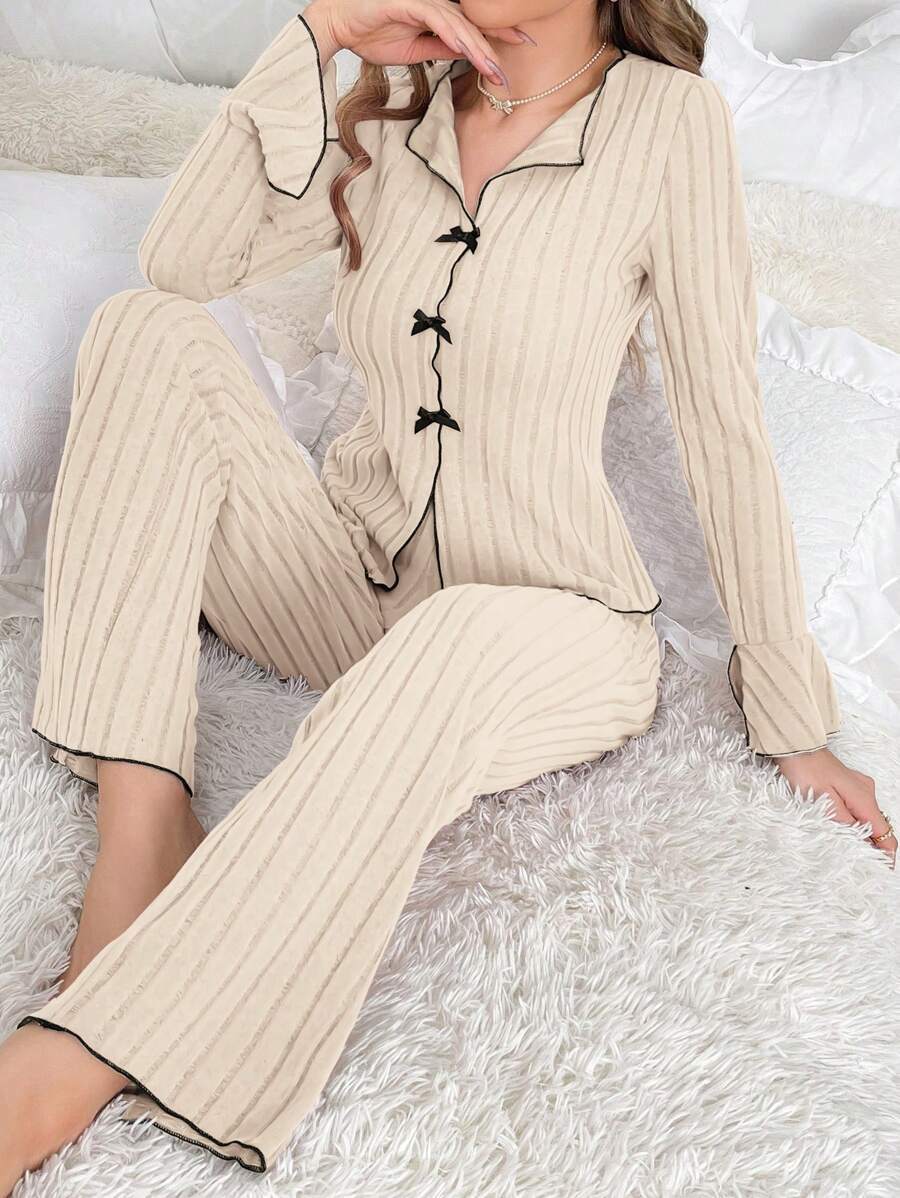 Bowknot Pajamas Ribbed Casual Long Jacket for Women Home Clothes Two-Piece Set