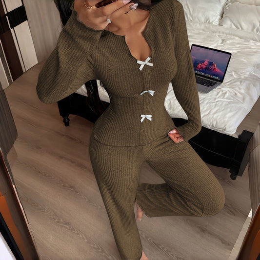 Autumn and winter women's bow knitted cardigan home wear suit