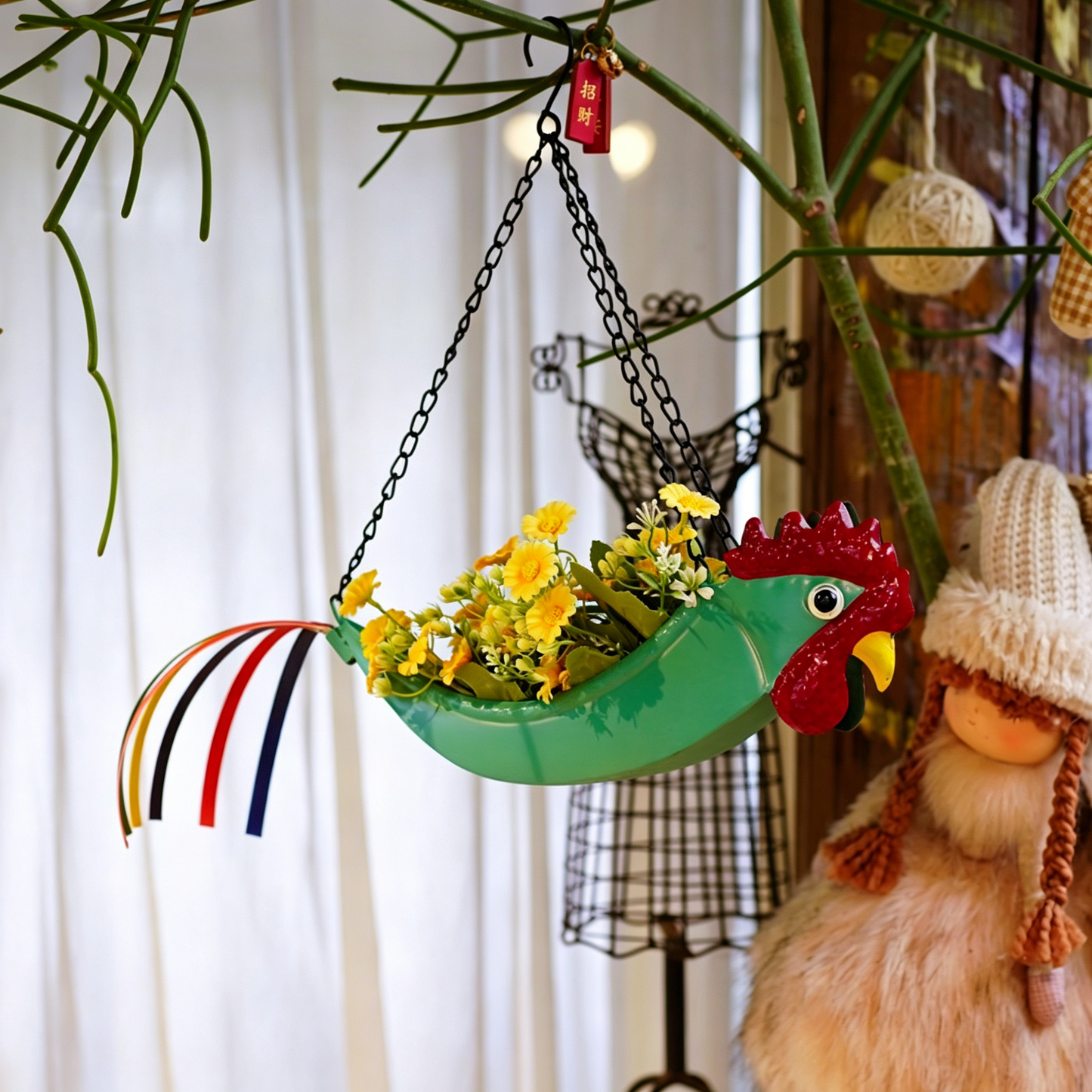 # Metal Rooster and Parrot Garden Decorative Flower Pot