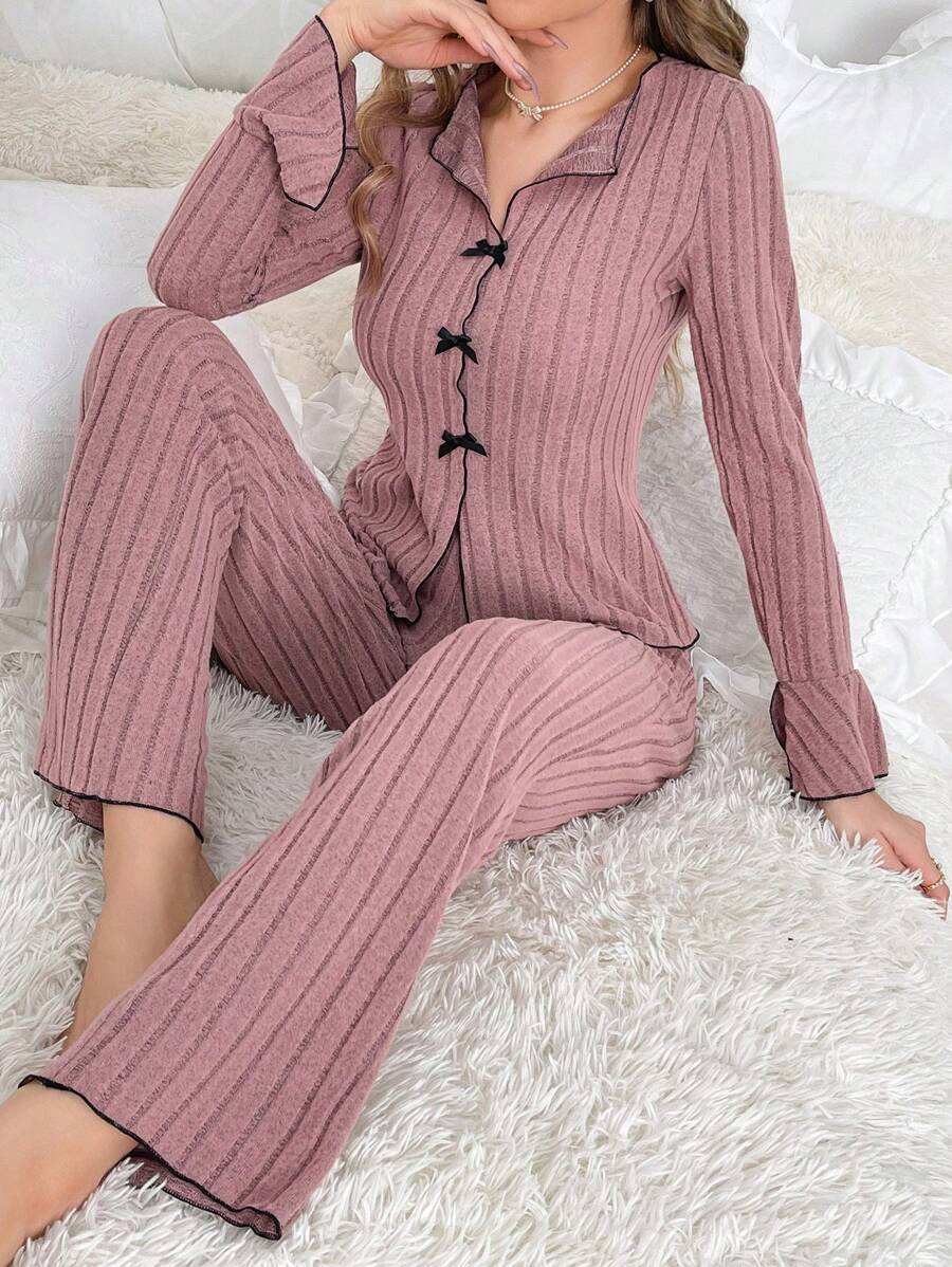 Bowknot Pajamas Ribbed Casual Long Jacket for Women Home Clothes Two-Piece Set