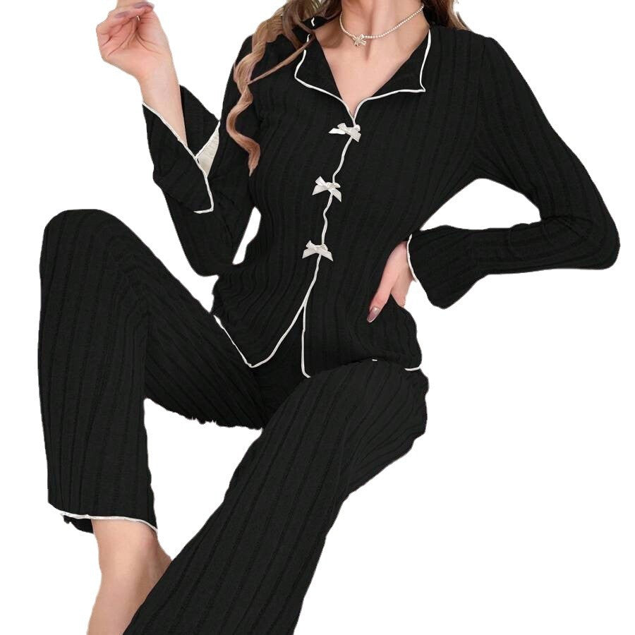 Bowknot Pajamas Ribbed Casual Long Jacket for Women Home Clothes Two-Piece Set