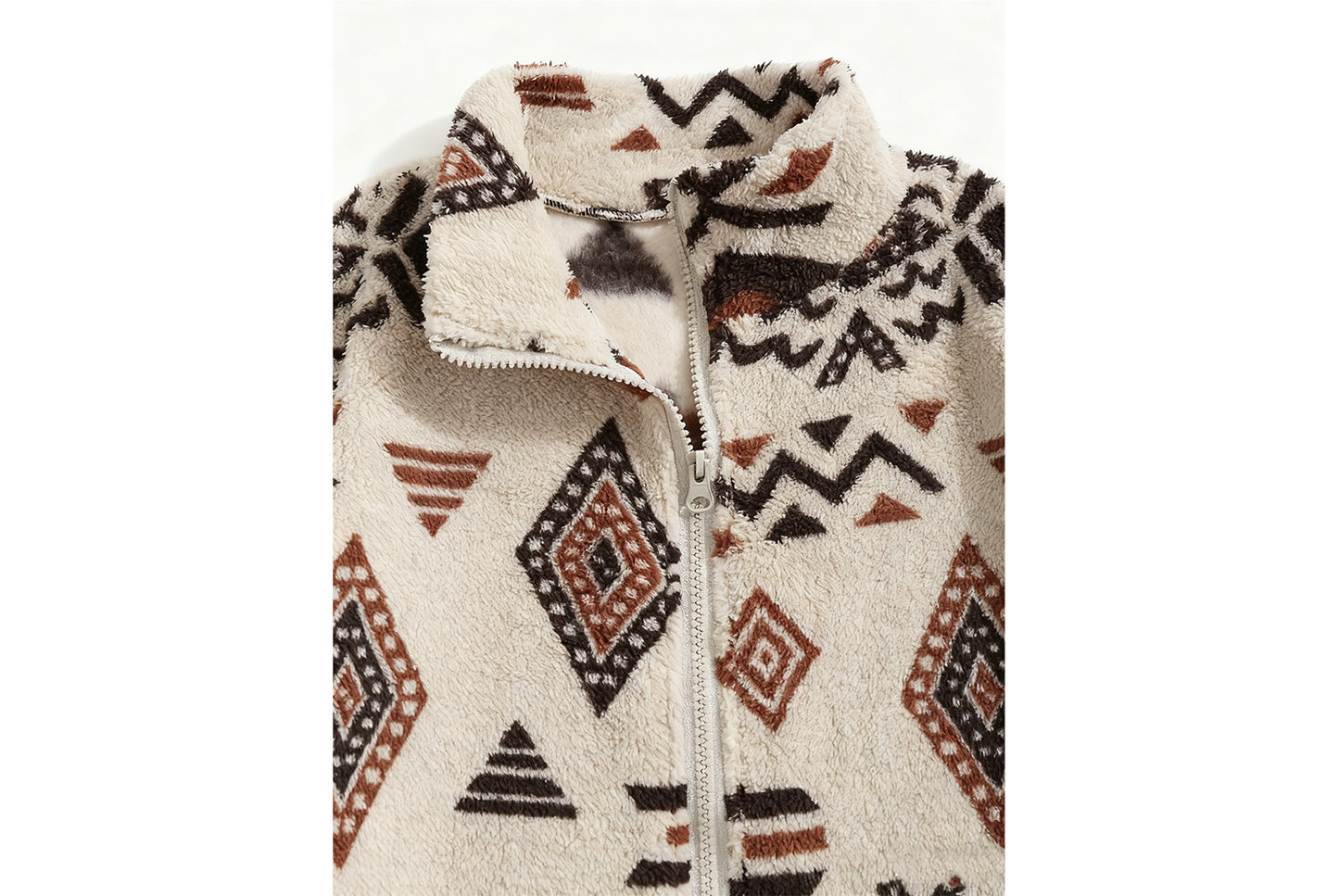 **Ethnic Print Fleece Women's Jacket (Elegant Hoodless Zipper Style)**